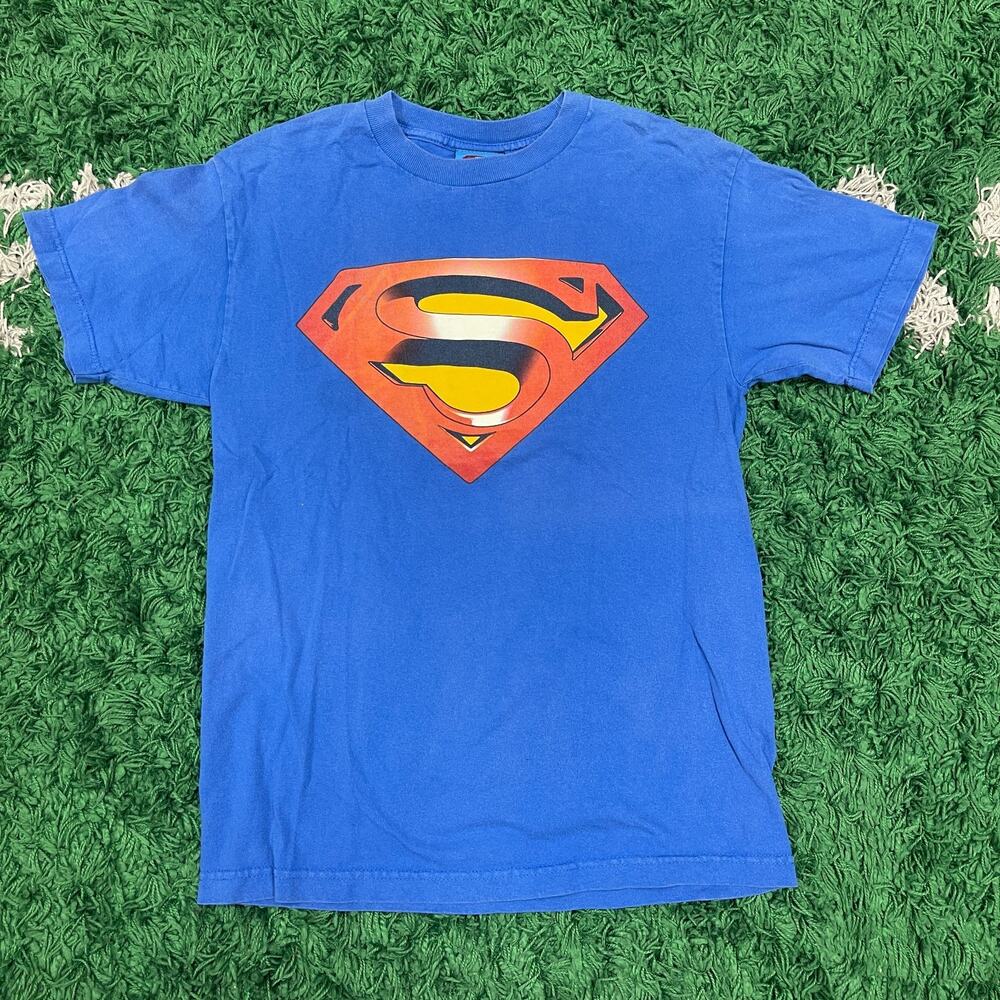 Vintage Y2K Superman Logo Blue Tee T Shirt Size Medium M DC Comics B10